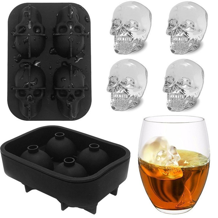 Custom 4 Cavity Round Ice Cube Maker 3D Skulls Flexible Reusable